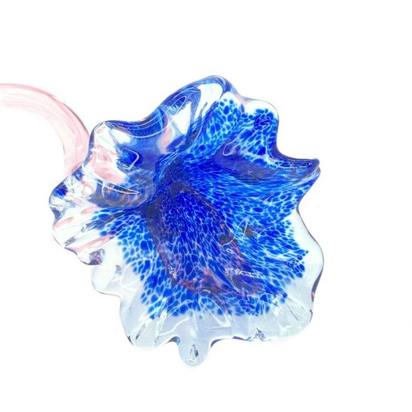Studio Art Handblown Glass Flower Sculpture With Pink Curl Stem & Blue Bloom 14" - Picture 2 of 8